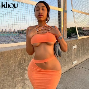 Kliou women one shoulder sleeveless short crop top+sexy hollow out skirt matching set skinny club party fitness elastic outfits